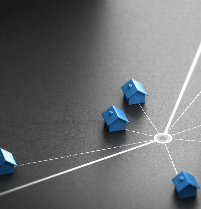 3d illustration of a continuous line surounded by seven houses linked by doted lines. Last mile or kilometer delivery.  Logistics concept over black background.